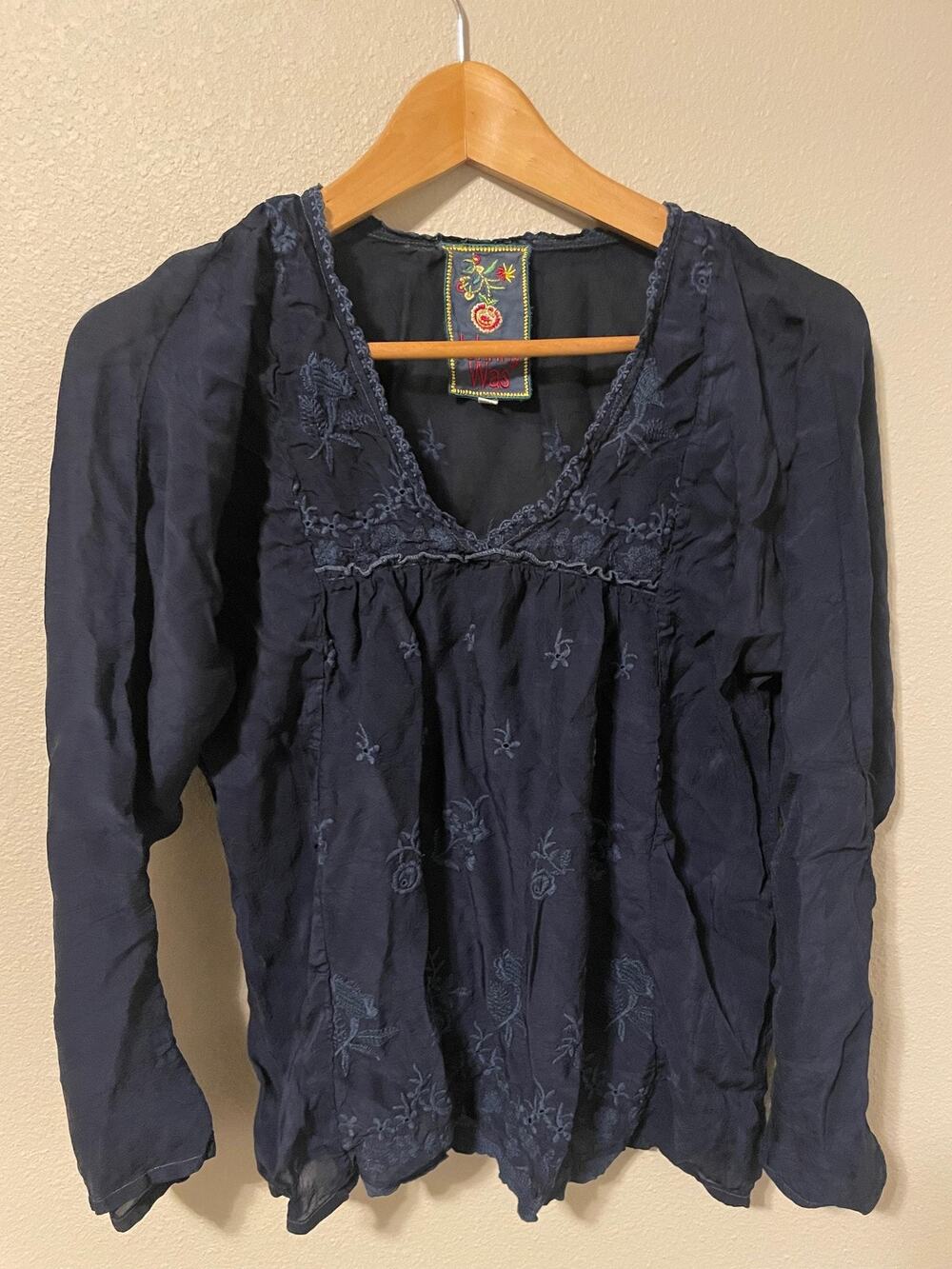 Johnny Was Tunic Top Womens Small Blue Floral Eyelet Embroidered Boho Artsy
